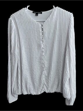 Boston Proper White Pearl-Trim Long Sleeve Button Top